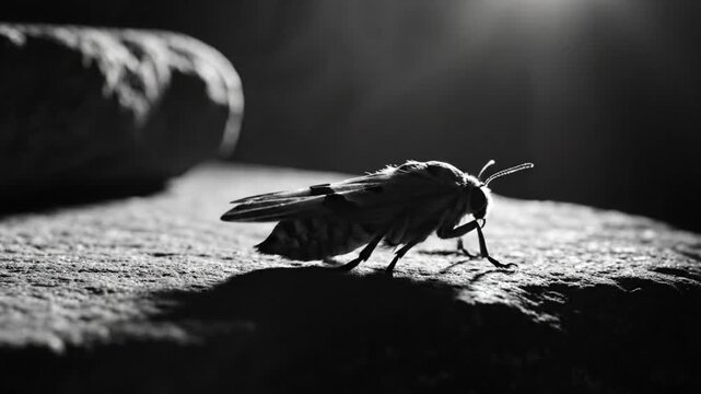 Black and white close up of a moth walking across a textured surface with bright lighting in the background