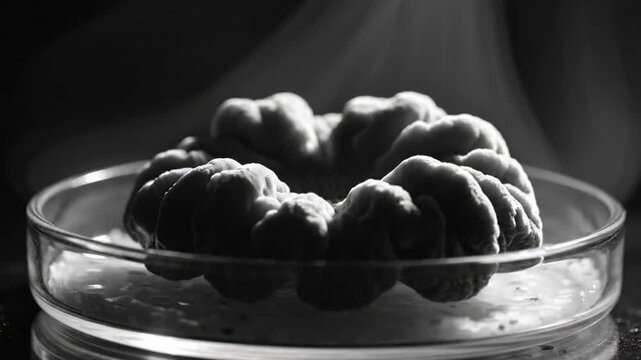 Black and white time-lapse of a ring-shaped chemical reaction forming in a petri dish with steam