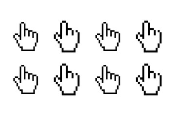 Obraz premium Set of computer mouse pointers, pixel art style hand icons. Digital navigation, user interface elements, click selection symbols.