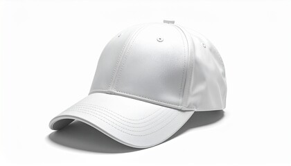 Fototapeta premium A white baseball cap is displayed on a plain surface indoors.