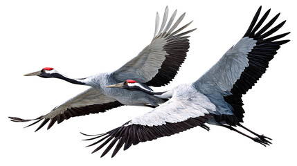Obraz premium Ultra realistic HD flying cranes pair mid-air wings extended, isolated on white background