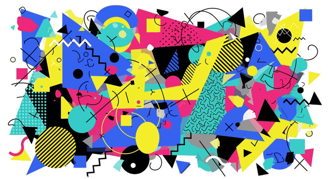 Abstract Memphis Style Geometric Pattern with Vibrant Shapes and Lines