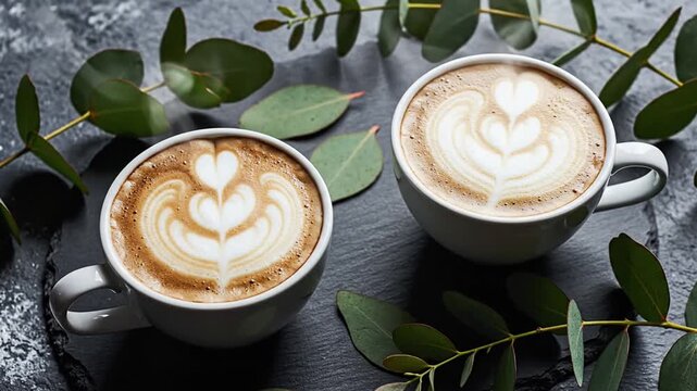 Two cappuccino coffees with latte art and eucalyptus leaves