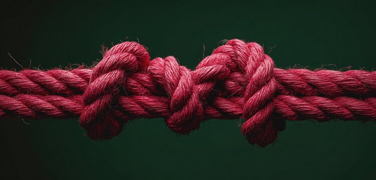 Vivid red rope with tightly tied knot showcasing textured fibers against a dark green background