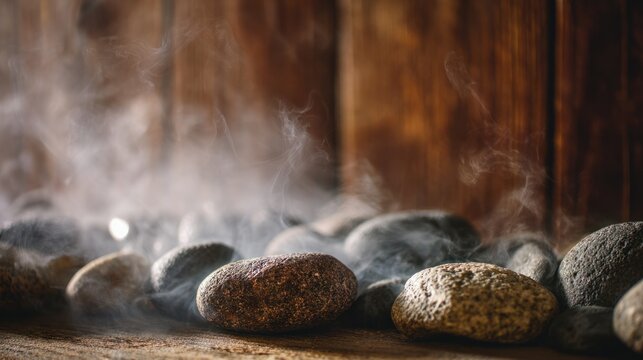 Hot rocks in an electric massage spa with steam rising, creating arelaxing and warm atmosphere