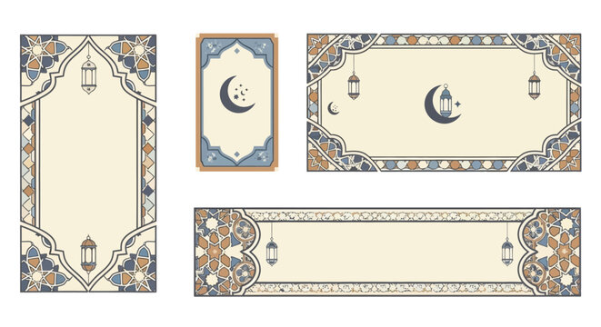 Islamic Ramadan Kareem Greeting Card and Banner Set with Ornamental Frames