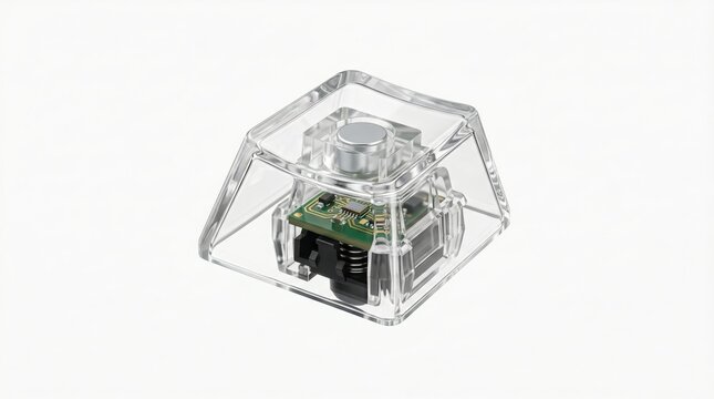 High-tech transparent artisan keycap mounted on a mechanical keyboard switch isolated on white background