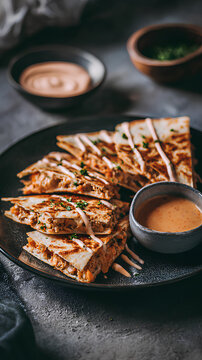 Tuna kimchi quesadillas with sriracha mayo arranged off center showcasing fusion street food and modern clean eating aesthetic