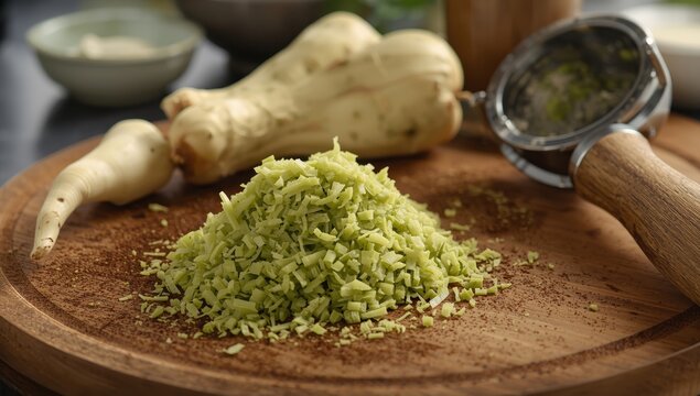 freshly grated wasabi and roots on a countertop.