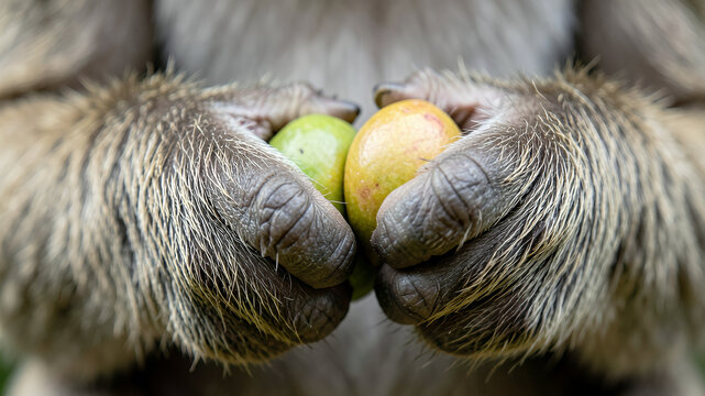 Monkey holding green and yellow fruits in expressive pose with nature background