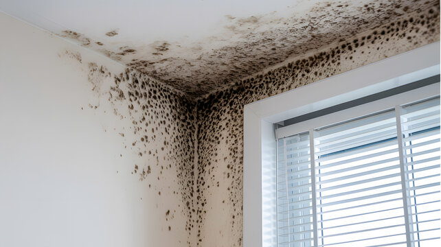 A moldy corner of a room with a window on a transparent background