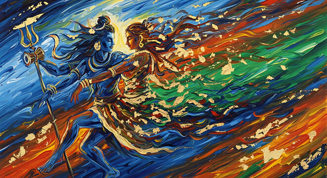 Vibrant abstract painting of Shiva and Parvati in a dynamic, colorful dance, depicting divine union with expressive brushstrokes and swirling hues.