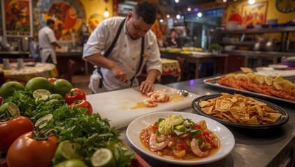 Obraz premium Ceviche, or cebiche, seviche, and sebiche, involves preparing shrimp with ingredients for this Latin American seafood recipe.
