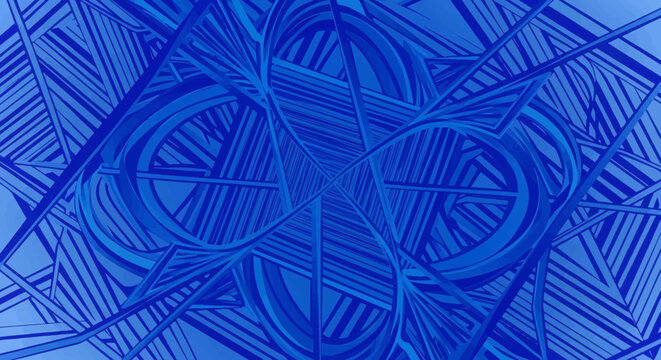 Abstract Blue Geometric Pattern with Intersecting Lines and Circular Shapes