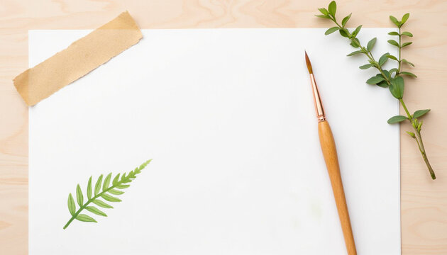 Blank paper with painted fern and paintbrush on wooden table  