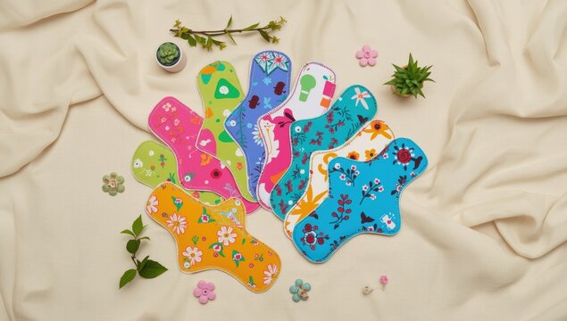 Collection of vibrant, eco-friendly menstrual pads. Sustainable menstrual care idea from above with space for text.