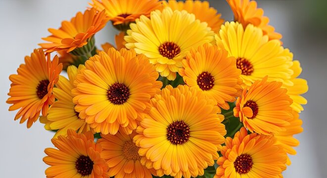 A vibrant bouquet of orange marigolds, their petals a bright, sunny yellow with deep red centers, arranged in a loose, natural style on a white background.