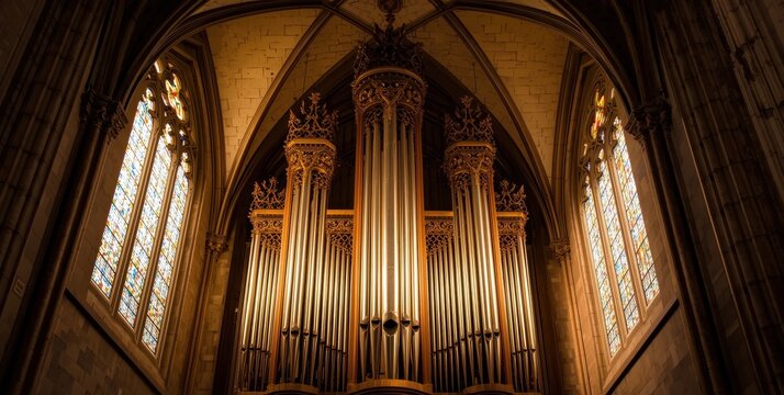 Illuminated organ pipes in cozy church glow, representing holy music and artistry; vertical layout with space for text, perfect for worship and concert promotion.