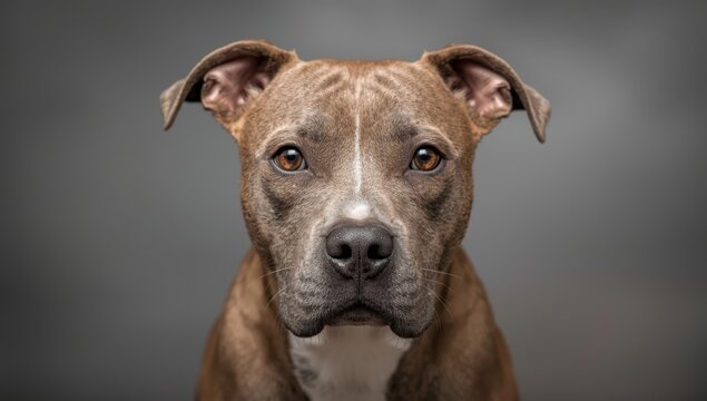 Elderly pit bull gazing at the camera against a gray backdrop. Close-up of a large dog with a dirty muzzle from digging. 13-year-old female, silver fawn hue. Selective focus.