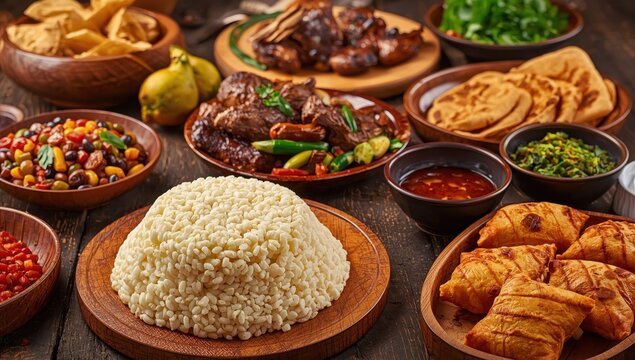 Kenyan food features ugali, chapati, githeri, goat, Nyama Choma, stews, samosas, and sukuma wiki. Ugali, made from maize, resembles American grits and is prepared by boiling water.