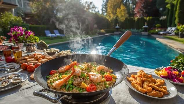 Steaming seafood risotto in a large wok at an outdoor hotel brunch by the pool. Fresh food buffet catering concept.