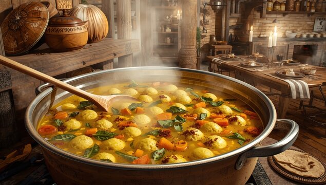 Classic pumpkin Kubbe soup, a renowned Middle Eastern dumpling dish, simmered in a pot.