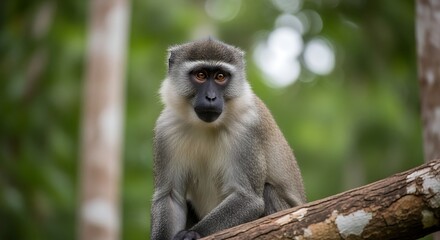 Naklejka premium Close up of a monkey with bright orange eyes in a forest