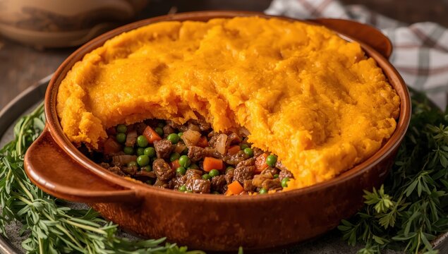 Homemade shepherd's pie with sweet potato, vegetables, peas, sausage, carrots, and onions.