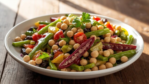 mixed bean salad, red runner bean, green bean, garbanzo bean