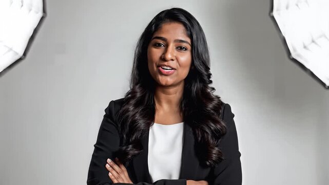 Confident Professional Woman Smiling in a Studio with Softbox Lighting for Corporate Branding and Business Marketing.