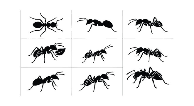 Black ant silhouettes collection, set of 9 insect vector icons, minimalist ant colony graphics, pest control and nature design elements