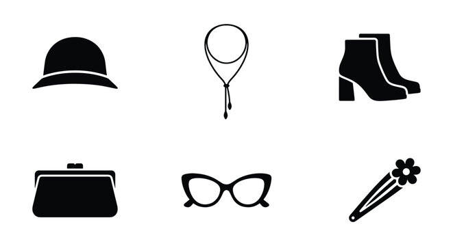 Minimalist fashion accessories icon set, black silhouette female clothing elements, 6 vector icons including hat, boots, purse, and glasses