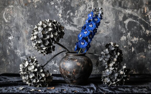 Blue flowers in rustic vase gray hydrangeas surround it on dark