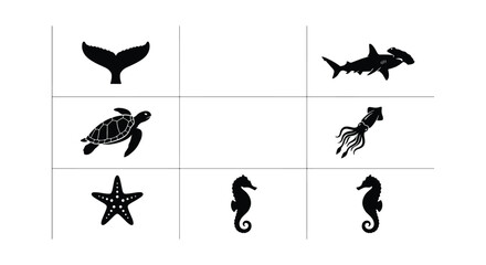Marine life silhouette icon set, black sea animal vector collection, aquatic wildlife symbols including shark turtle and seahorse for educational design © Ehsanur
