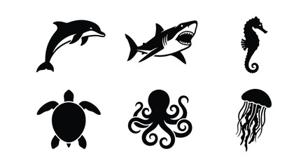 Marine life vector icons set, black sea animal silhouettes including shark and dolphin, aquatic wildlife collection for logo design and infographics © Ehsanur