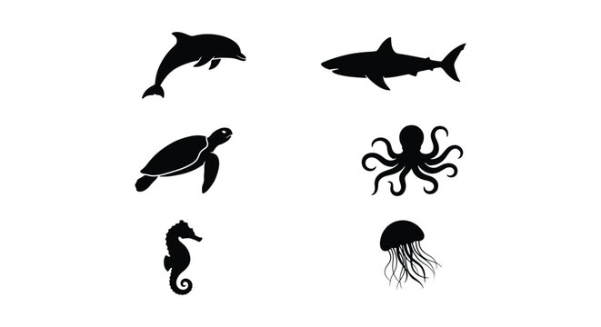 Marine animal silhouettes set, black sea life icons including shark and dolphin, aquatic creature vector collection for ocean conservation graphics