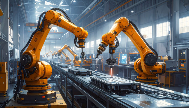 Industrial robotic arms working on a modern automated production line.
