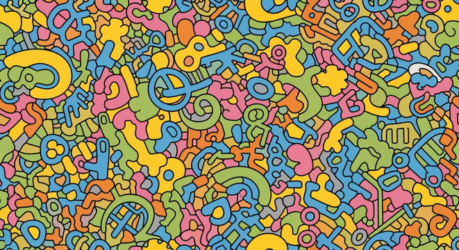 Abstract Seamless Pattern with Colorful Organic Shapes and Doodle Elements