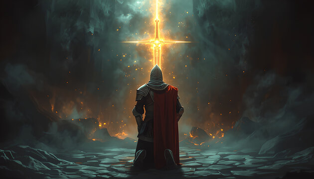 Ritter kniet vor heiligem Schwert