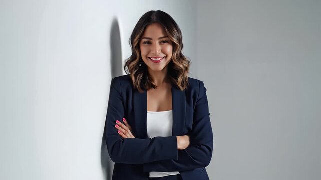 Confident professional woman smiling with arms crossed against a white wall for corporate branding and business marketing.