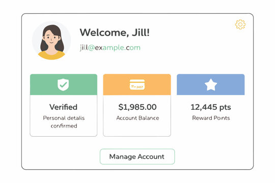 User dashboard showing account verification, balance, and reward points for jill@example.com Vector
