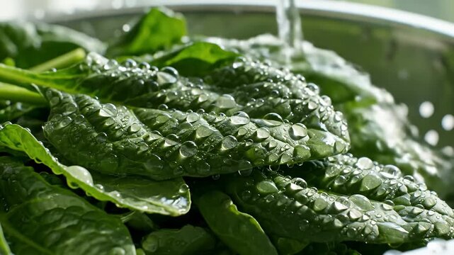 Fresh green leaves being washed with water in a colander