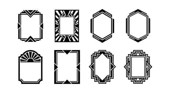 Art Deco frame collection, vintage geometric border set of 8 vector elements, black 1920s style decorative frames for luxury wedding invitations