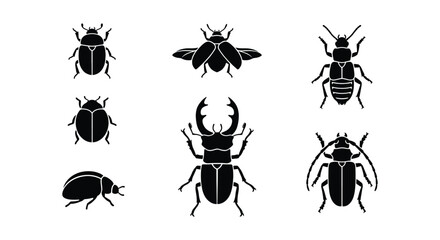 Black beetle silhouettes set, 7 insect vector icons collection, stag beetle and ladybug graphic elements, minimalist bug illustrations for nature design © Ehsanur