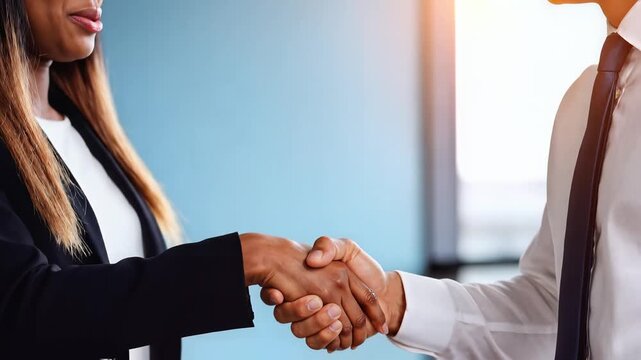 Professional Business Handshake Close-up of a Man and Woman Shaking Hands in a Bright Office Setting Ideal for Corporate Partnership and Successful Deal Concepts.