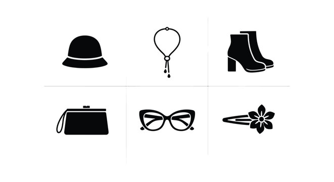 Minimalist fashion accessories icon set, black silhouette female clothing elements, 6 vector icons including hat, jewelry, boots, and handbag