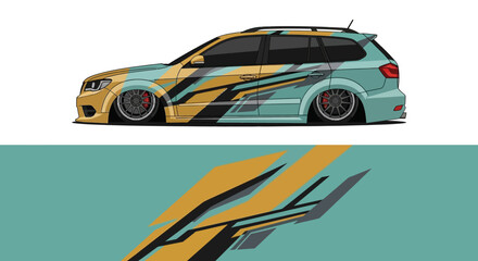 Illustrated racing car with bold teal and yellow stripes, dynamic profile and colorblock design. © AhzaArdiansyah