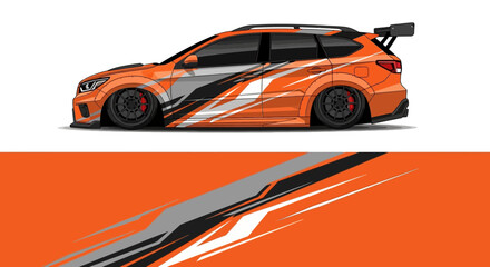 Obraz premium Orange race car with bold white and gray stripes in side profile view.