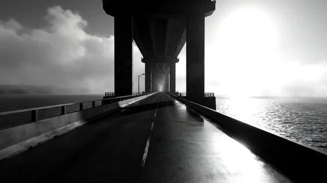 Black and white shot of a bridge over water with sun reflection and cloudy sky perspective