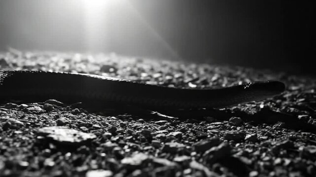 Black and white close up of a snake slithering through rocky ground with a spotlight shining in the background